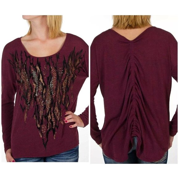 Miss Me Sz S Womens Tribal Beaded Embellished Gathered Ruched Blouse Top Aztec - Picture 1 of 10